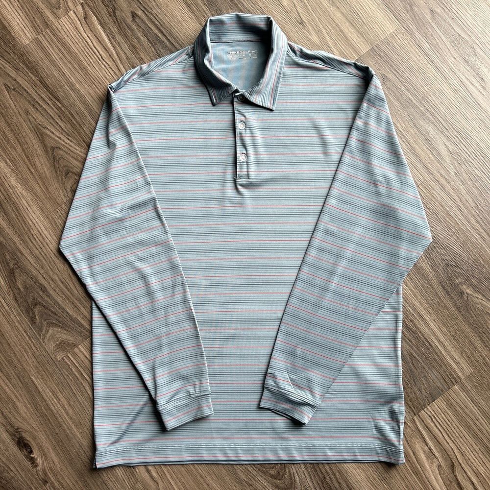 Nike Golf Dri Fit UV Polo Shirt Men's Size M Blue Striped Long Sleeve Rugby